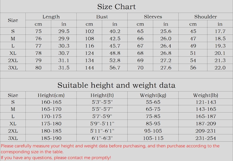 May include: Size chart for clothing with measurements in inches and centimeters. The chart includes bust, length, sleeve, and shoulder measurements for sizes S through 3XL. It also includes a table with height and weight recommendations in inches and pounds.