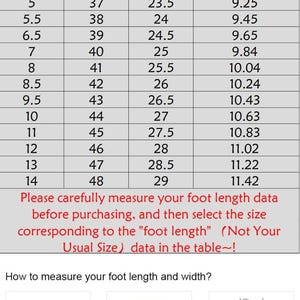 May include: A size chart for shoes, showing US, EU, and CM sizes, along with the corresponding foot length in inches. The chart includes sizes from 2.5 to 14 US. The chart also includes instructions on how to measure your foot length and width.