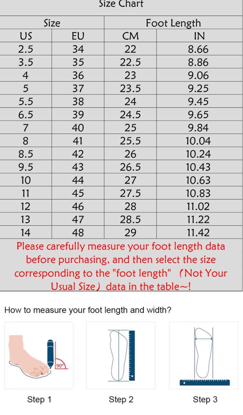May include: A size chart for shoes, showing US, EU, and CM sizes, along with the corresponding foot length in inches. The chart includes sizes from 2.5 to 14 US. The chart also includes instructions on how to measure your foot length and width.