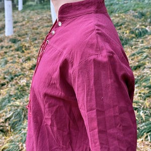 May include: A burgundy long-sleeved shirt with a lace-up neckline and a high collar.