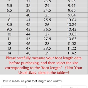 May include: A size chart for shoes, showing US, EU, and CM sizes, along with the corresponding foot length in inches. The chart includes sizes from 2.5 to 14 US. The chart also includes instructions on how to measure your foot length and width.