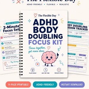May include: A spiral-bound ADHD Body Doubling Focus Kit planner with a pink cartoon brain character on the cover. The text reads The Flexible Day, ADHD Body Doubling Focus Kit, Focus together, get more done, Plan Ahead, Use The Time, Reduce Stress.
