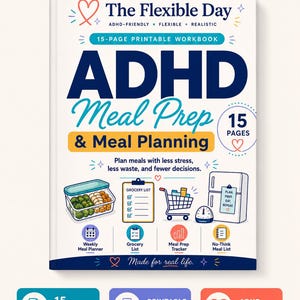 ADHD向け食事準備プランナー、15ページワークブック、買い物リスト、低カロリー食事（PDF）