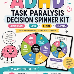 Ruleta de decisiones para la parálisis de tareas en el TDAH, herramienta para la función ejecutiva (imprimible e interactiva)