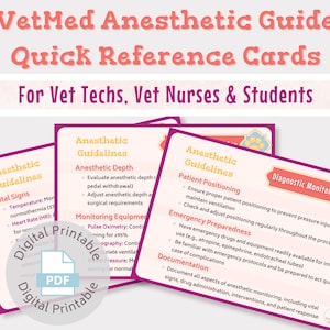 Vet med quick reference cards Anesthetic Guide | For vet nurses, vet techs, vet students | Digital printable download | Vet tech study guide