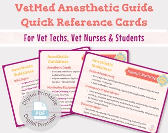 Vet med quick reference cards Anesthetic Guide | For vet nurses, vet techs, vet students | Digital printable download | Vet tech study guide