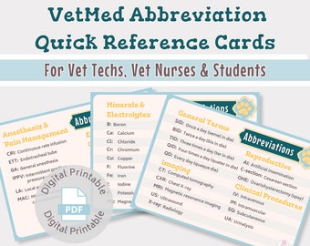 Vet med quick reference abbreviation guide | For vet nurses, vet techs, vet students | Digital printable download | Vet tech study guide