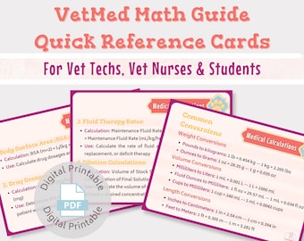 Vet med math calculation quick reference guide | For vet nurses, vet techs, vet students | Digital printable download | Vet tech study guide