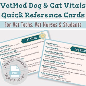 Vet med Dog & Cat vitals Pocket guide-Quick reference cards-For vet nurse, vet tech, vet student-Digital printable download- Vet study guide
