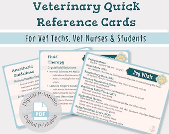 May include: A set of printable veterinary reference cards for vet techs, nurses, and students. The cards cover topics such as anesthetic guidelines, fluid therapy, and dog vitals. The cards are designed to be easy to read and understand, and they provide essential information for veterinary professionals.