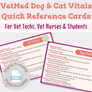 Vet med quick reference cards Dog & Cat vitals | For vet nurses, vet techs, vet students | Digital printable download | Vet tech study guide