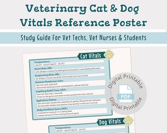 Vet med Dog & Cat vitals poster | Veterinary Quick reference study guide | For vet nurse, vet tech, vet student | Digital printable download