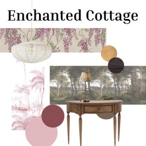 May include: A collage of images for an enchanted cottage theme. The collage includes a white wicker pendant light, a pink and white floral wallpaper, a brown wooden table with a drawer, a forest scene wallpaper, a gold and brown color palette, and a pink and burgundy color palette.