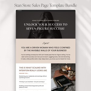 May include: A digital sales page template bundle for Canva. The design features a dark background with the text "UNLOCK YOUR SUCCESS TO SEVEN-FIGURE SUCCESS!" and other text. The template includes a notebook, a candle, and a glass.