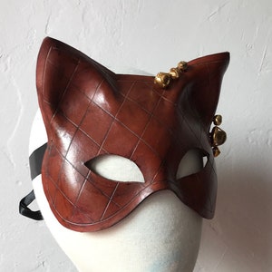 Folklore Kitty Hand Carved Tan Leather Cat Mask with Vintage Brass Bells Leather Mardis Gras Tarot Pagan Mask Halloween mask image 1