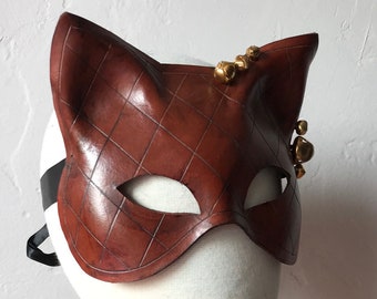 Folklore Kitty - Hand Carved Tan Leather Cat Mask with Vintage Brass Bells ~ Leather Mardis Gras - Tarot - Pagan Mask - Halloween mask