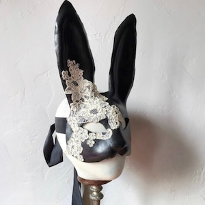 Black Bunny Mask Leather & Cream Silk Lace Flower Rabbit Mask Animal Masquerade Easter Bunny Year of the rabbit Adult Fantasy image 3