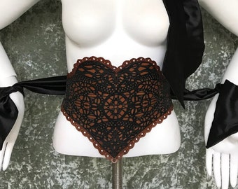 Black and Tan Leather Heart Shaped Waist Cincher - Laser cut Leather Heart Corset - Wide Harness Belt - Fetish wear BDSM - Valentine gift