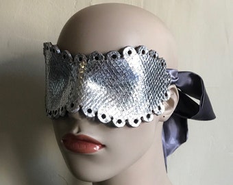 Silver Snakeskin Leather Coquette Blindfold - Hand molded Leather Bondage Mask ~ Beaded Lace and Silk Ties ~ Valentine's Gift for Lovers