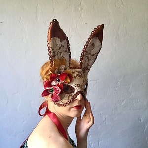 Midsummer Bunny Mask - Tanned Leather & Gold Lace Wild Rabbit Mask  - Animal Masquerade - Easter Bunny- Mardis Gras - Year of the rabbit