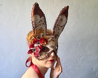 Midsummer Bunny Mask - Tanned Leather & Gold Lace Wild Rabbit Mask  - Animal Masquerade - Easter Bunny- Mardis Gras - Year of the rabbit