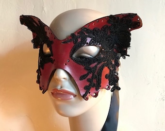 Red Butterfly Mask - Leather & Black silk Lace Dark Fairy Mask - Moth Mask - Masquerade - Fae-  Halloween Mardis Gras - Adult Fantasy mask