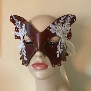 Tan Butterfly Mask - Leather & Ivory silk Lace Dark Fairy Mask - Moth Mask - Masquerade Mask - Halloween Mardis Gras - Adult Fantasy mask