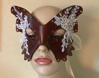 Tan Butterfly Mask - Leather & Ivory silk Lace Dark Fairy Mask - Moth Mask - Masquerade Mask - Halloween Mardis Gras - Adult Fantasy mask