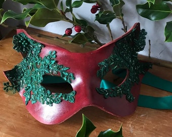 Red Winter Fox Mask - Leather & Green beaded Lace Wild animal Mask - Kitsune - Christmas Masquerade Mask - Mardis Gras - Adult Fantasy mask