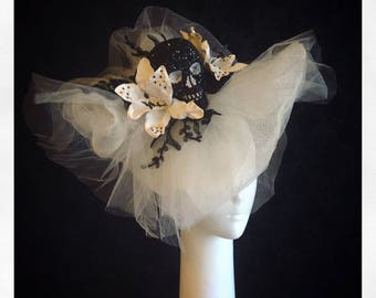 Lady Death II - Large Tulle, Lace and Jet Swarovski Crystal Skull Headdress. - To order