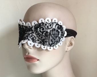 Pearly Leather and Black Lace Coquette Blindfold - Hand cut Leather Bondage Mask ~ Antique Lace and Silk Ties ~ Christmas Gift for Lovers