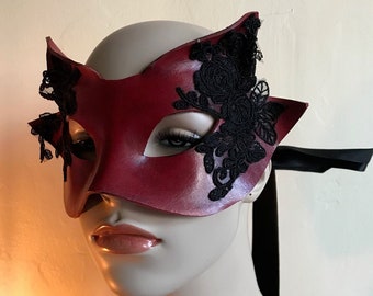 Red Fox Mask -  Leather & Black silk Lace Wild creature Mask - Kitsune - Leather Masquerade Mask - Beltane, Mardis Gras - Adult Fantasy mask