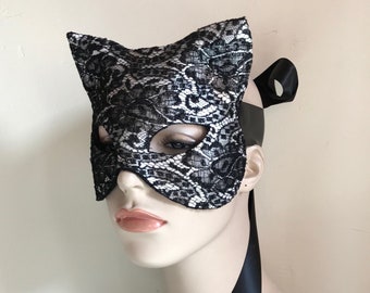 Lace Kitty - Pearly White Leather Kitty Cat Mask With Antique Silk Lace Detail ~ Sexy Mask ~ Mardis Gras Mask - Adult Mask - Masquerade