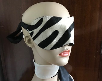 Zebra Leather Blindfold - Black and White Leather Sleep Mask - Leather and Silk Mask - Fetish BDSM - Animal mask - valentine Gift for lovers