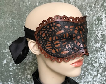 Black and Tan Laser Cut Leather Blindfold -Fetish Mask - , Hand Punched Leather Mask with long Silk Ties ~ valentine  gift for lovers