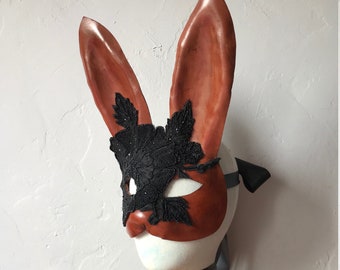 Brown Bunny Mask - Tan Leather & Black Beaded Lace Flower Rabbit Mask - Animal Masquerade  - Easter Bunny - Halloween - Year of the rabbit