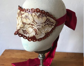 Midsummer Nights Dream Blindfold - Tan Leather and Ivory &  Gold lace with red Silk Tie -  Leather Blindfold  ~  Valentines Gift for Lovers