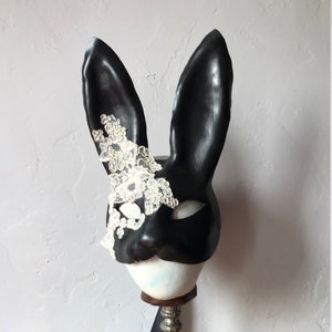 Black Bunny Mask Leather & Cream Silk Lace Flower Rabbit Mask Animal Masquerade Easter Bunny Year of the rabbit Adult Fantasy image 2