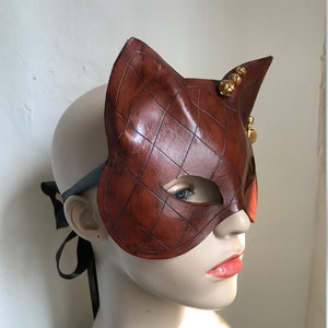 Folklore Kitty Hand Carved Tan Leather Cat Mask with Vintage Brass Bells Leather Mardis Gras Tarot Pagan Mask Halloween mask image 2