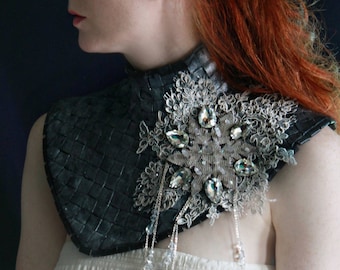 Winter Warrior Statement Collar ~ Woven  Leather, Lace & Swarovski Crystal Snowflake Neck PIece ~ Winter Solstice Bride Neck Corset