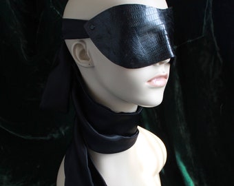 Genuine Black Lizard Skin Blindfold - Hand molded Exotic Leather Adult Bondage Mask with Silk Ties ~ Fetish Mask - Valentine Gift for Lovers