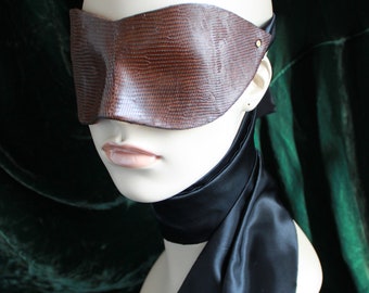 Genuine Brown Lizard Skin Blindfold - Hand molded Exotic Leather Adult Bondage Mask with Silk Ties ~ Fetish Mask -Valentines Gift for Lovers