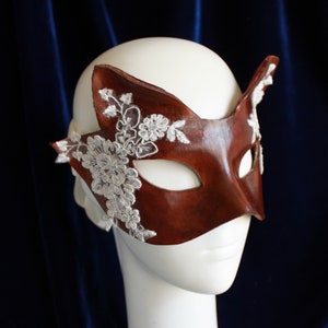 Tan Brown Fox Mask - Leather & silk Lace Wild creature Mask - Kitsune - Leather Masquerade Mask - Beltane, Mardis Gras - Adult Fantasy mask