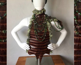 Mabon - Vintage Alligator Hide Bodice epaulet with Emerald crystal beads Statement collar  - Statement posture collar ~ Goddess Bride Size M