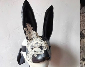 Black Bunny Mask -  Leather & Cream Silk Lace Flower Rabbit Mask - Animal Masquerade  - Easter Bunny - Year of the rabbit - Adult Fantasy