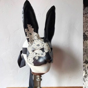 Black Bunny Mask -  Leather & Cream Silk Lace Flower Rabbit Mask - Animal Masquerade  - Easter Bunny - Year of the rabbit - Adult Fantasy