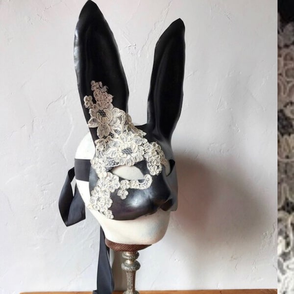 Black Bunny Mask -  Leather & Cream Silk Lace Flower Rabbit Mask - Animal Masquerade  - Easter Bunny - Year of the rabbit - Adult Fantasy