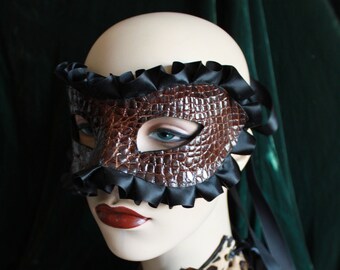 Genuine Vintage Alligator, Leather and Satin Ribbon Boudoir Mask - Exotic Fetish Mask - valentine Gift for Lovers~ Leather Mardis Gras Mask