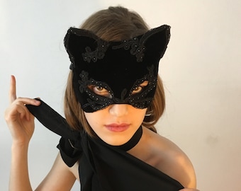 Black Magic Kitty Mask ~Black Silk Velvet cat mask with Beaded Silk Lace detail ~ Velvet Mask - Sexy Mask  - To Order