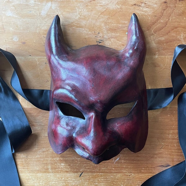 Saucy Devil - Red and Black Leather Horned Devil Half face Mask with tongue - Satyr - Commedia dell'arte - Halloween - Demon - Masquerade